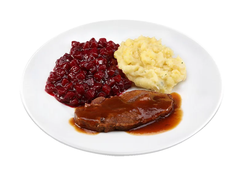 Sukadelapje (rundvlees) in jus met rode bieten en knolselderijpuree