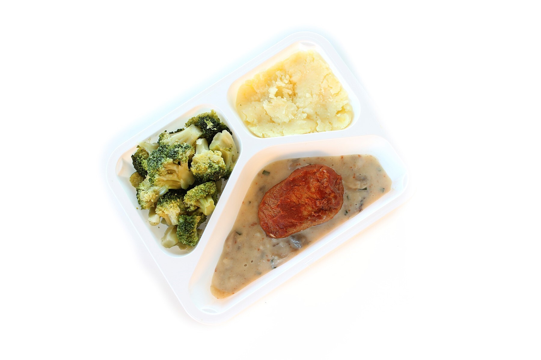Varkenshaas, champignonsaus, broccoli en aardappelpuree (gluten- en lactosevrij)